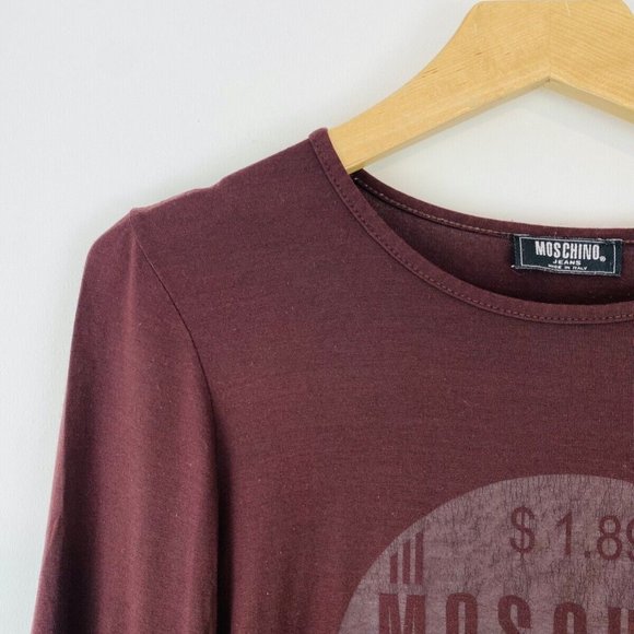 Moschino Jeans Y2K 00's Dark Brown Graphic Long Sleeve Cropped T Shirt UK S - Picture 5 of 7